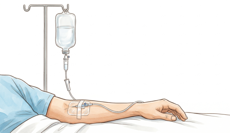 Medical illustration of a patient lying down and receiving an IV drip in the forearm