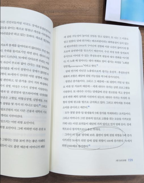 노화 관련 서적을 펼쳐 밑줄을 그으며 읽은 페이지