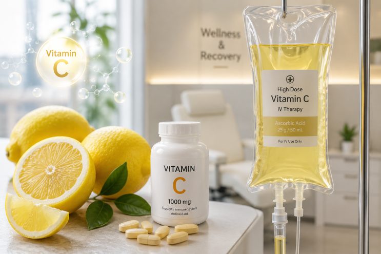 Oral vitamin C supplements and a high-dose vitamin C IV bag placed side by side for comparison