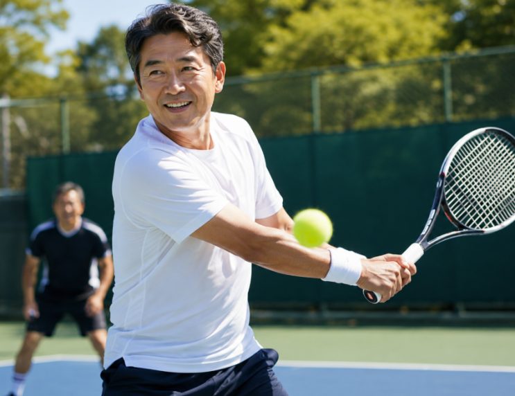 A man in his 50s enjoying tennis on an outdoor court