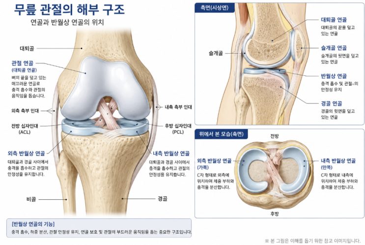 A diagram showing the anatomy of the knee joint and the location of the meniscus