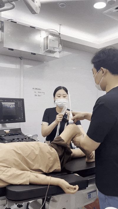 초음파 화면을 보면서 무릎 관절강에 정확히 주사하는 시술 장면