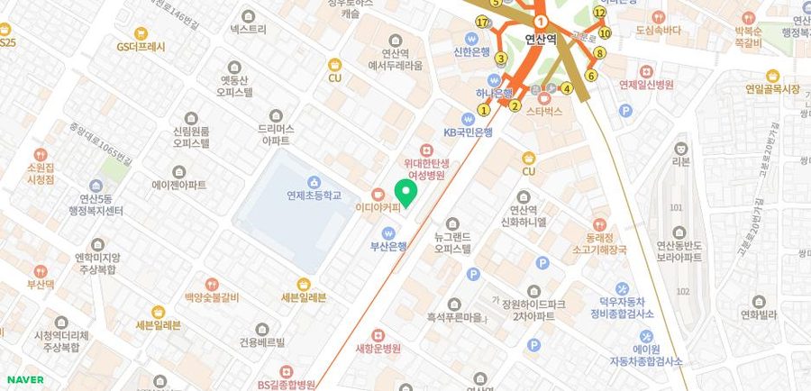 부산 연산역 인근 새론의원 위치를 표시한 네이버 지도