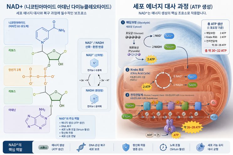 NAD+ 분자 구조와 세포 에너지 대사에서 ATP가 생성되는 과정을 정리한 도해