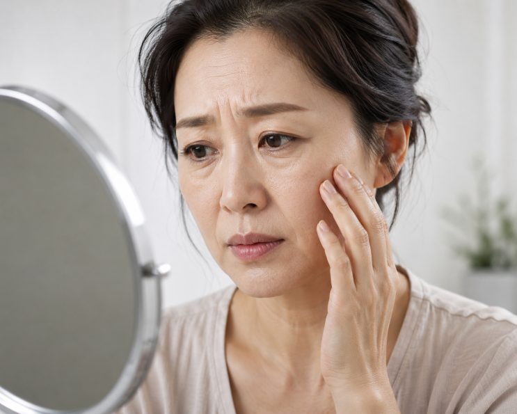 거울을 보며 얼굴 탄력 저하를 확인하는 중년 여성