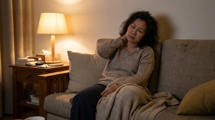 소파에 앉아 목 뒤를 짚으며 피로해하는 중년 여성
