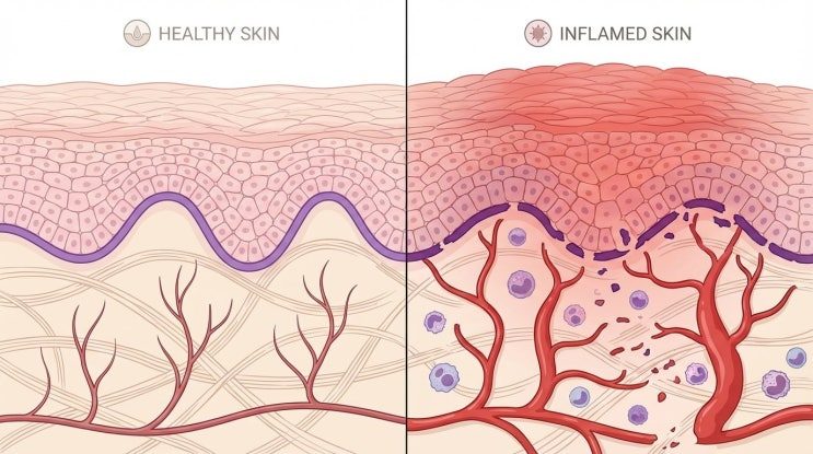 건강한 피부와 염증이 생긴 피부의 단면을 나란히 비교한 일러스트, 염증 피부는 표피가 붉고 두꺼우며 혈관이 넓어지고 면역세포가 모여 있다