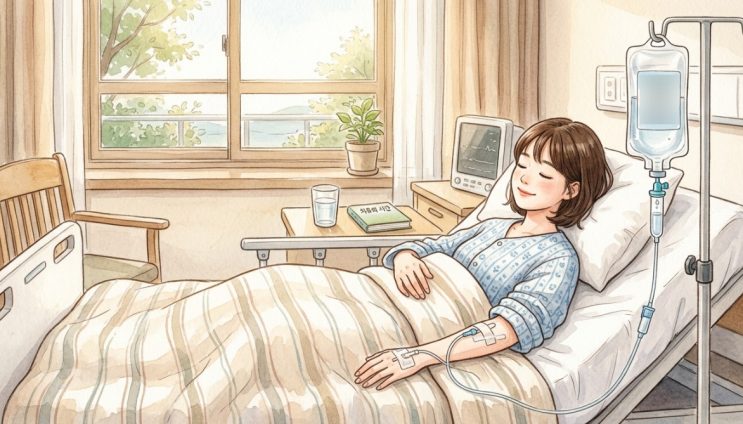 창가 병실 침대에 누워 팔에 수액을 맞으며 눈을 감고 쉬는 여성을 그린 수채화풍 일러스트